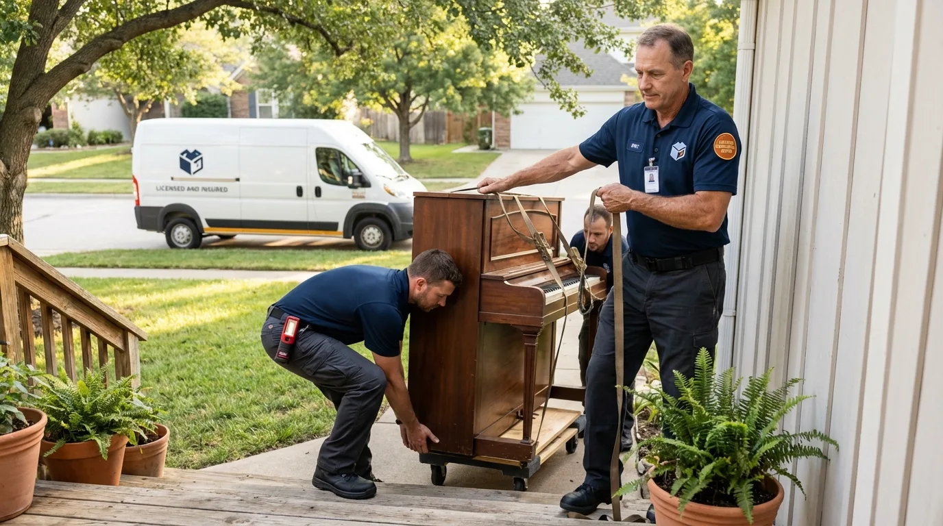 Licensed piano movers securing grand piano in Parks, AZ