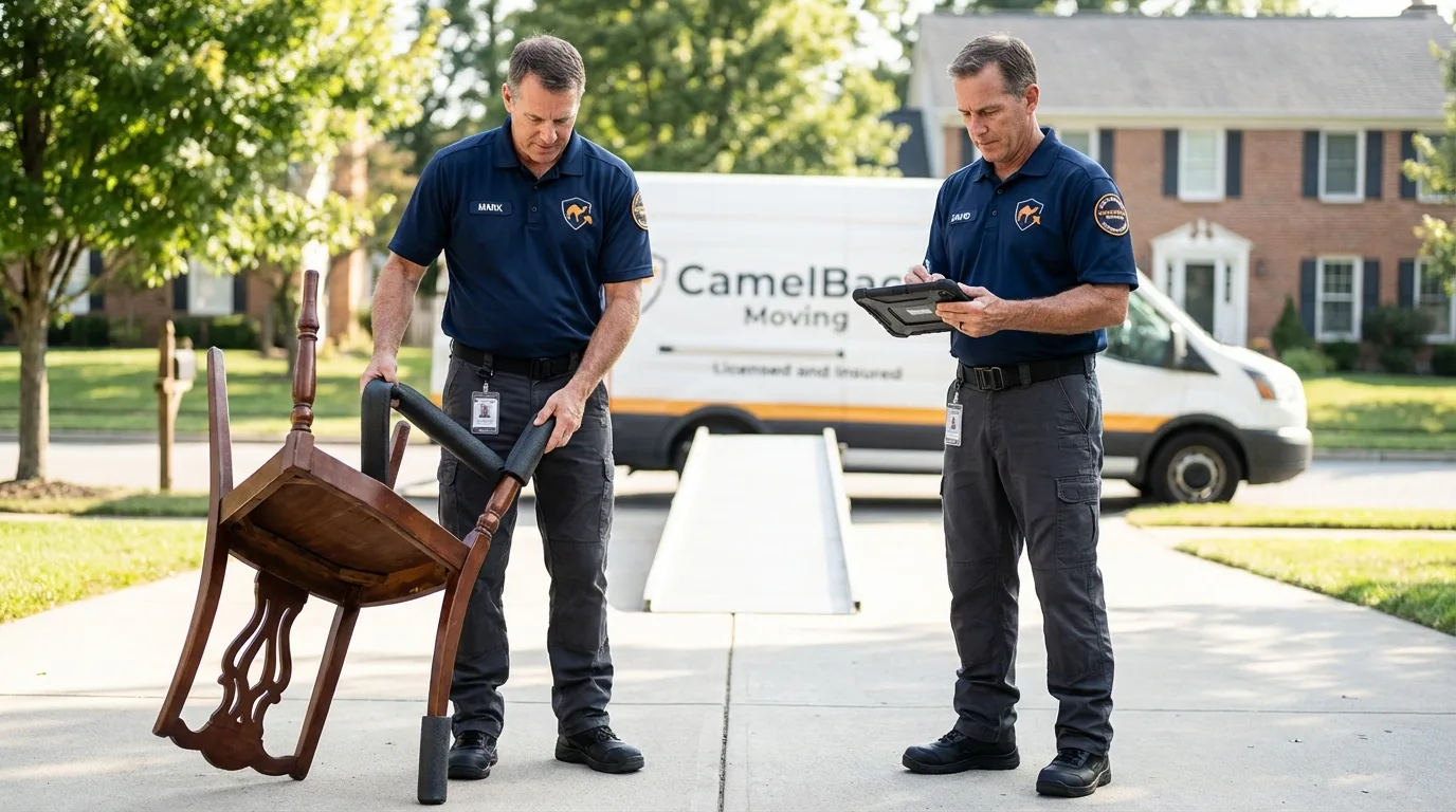 Movers inspecting furniture for damage prevention before loading in Parks, AZ